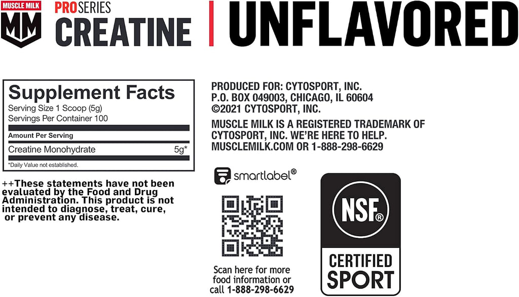 Muscle Milk Pro Series Creatine Powder Supplement, Unflavored, 1.1 Pound, 100 Servings, 5g Creatine Monohydrate, NSF Certified for Sport, Packaging May Vary
