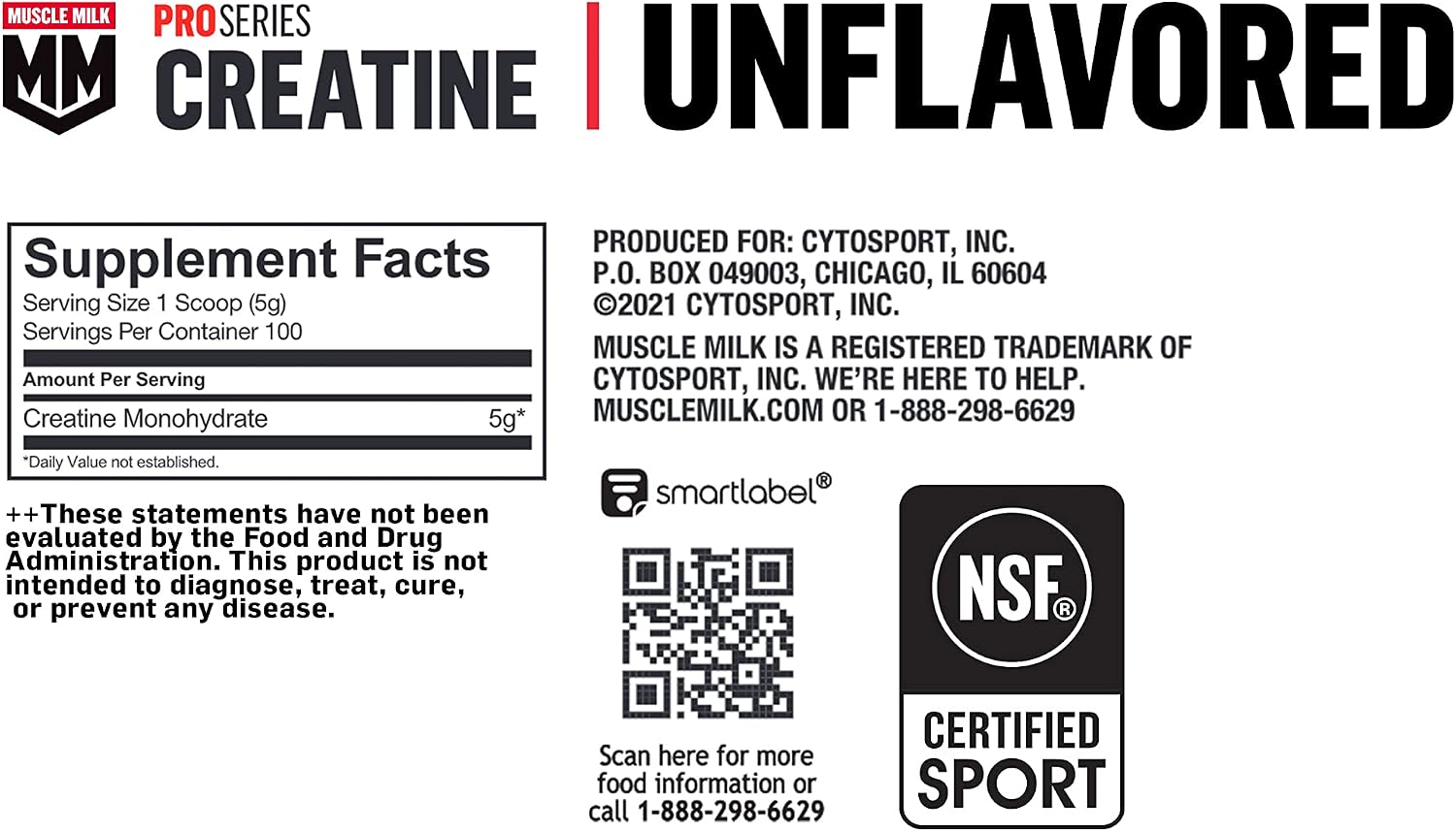 Muscle Milk Pro Series Creatine Powder Supplement, Unflavored, 1.1 Pound, 100 Servings, 5g Creatine Monohydrate, NSF Certified for Sport, Packaging May Vary