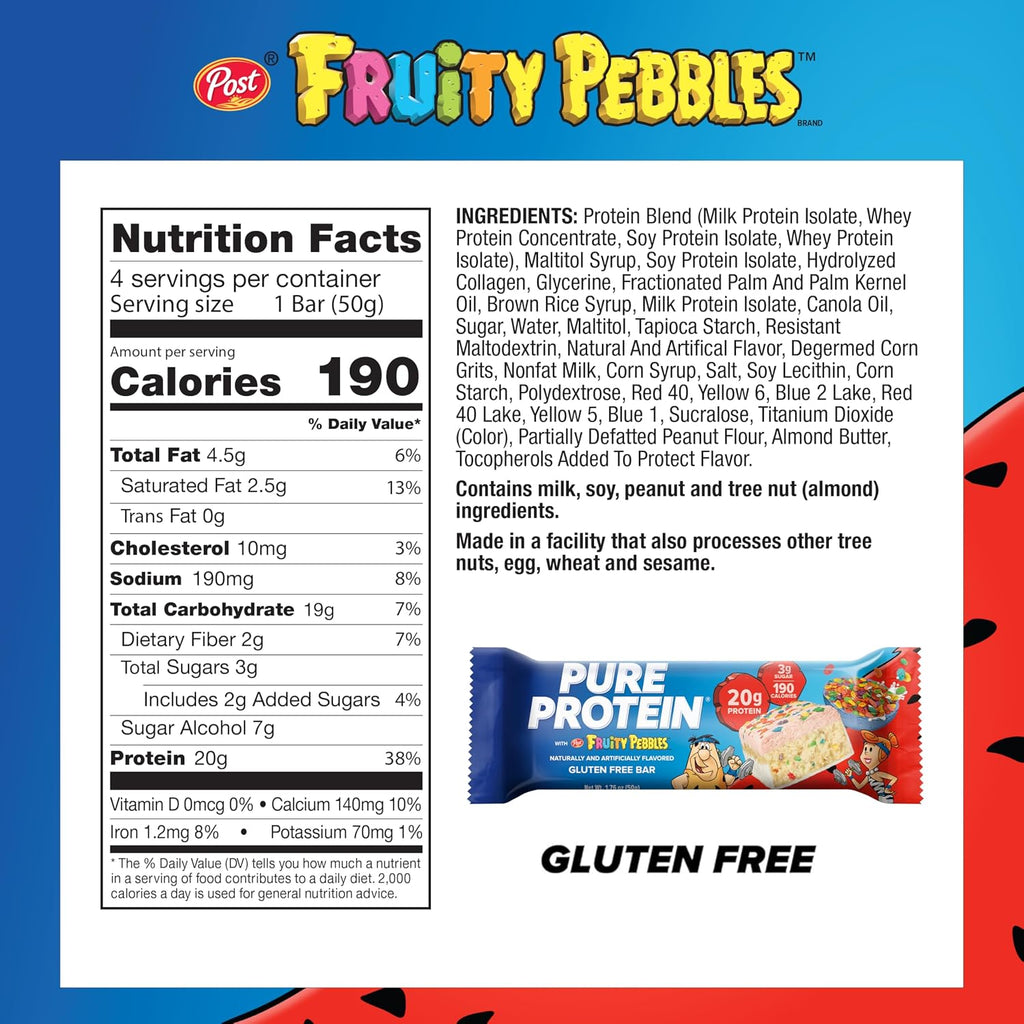 Pure Protein Fruity PEBBLES™ Protein Bars, 20g Protein, Gluten Free, 12 Ct | 3g Sugar, 190 Calories, Low Sugar* High Protein Snack