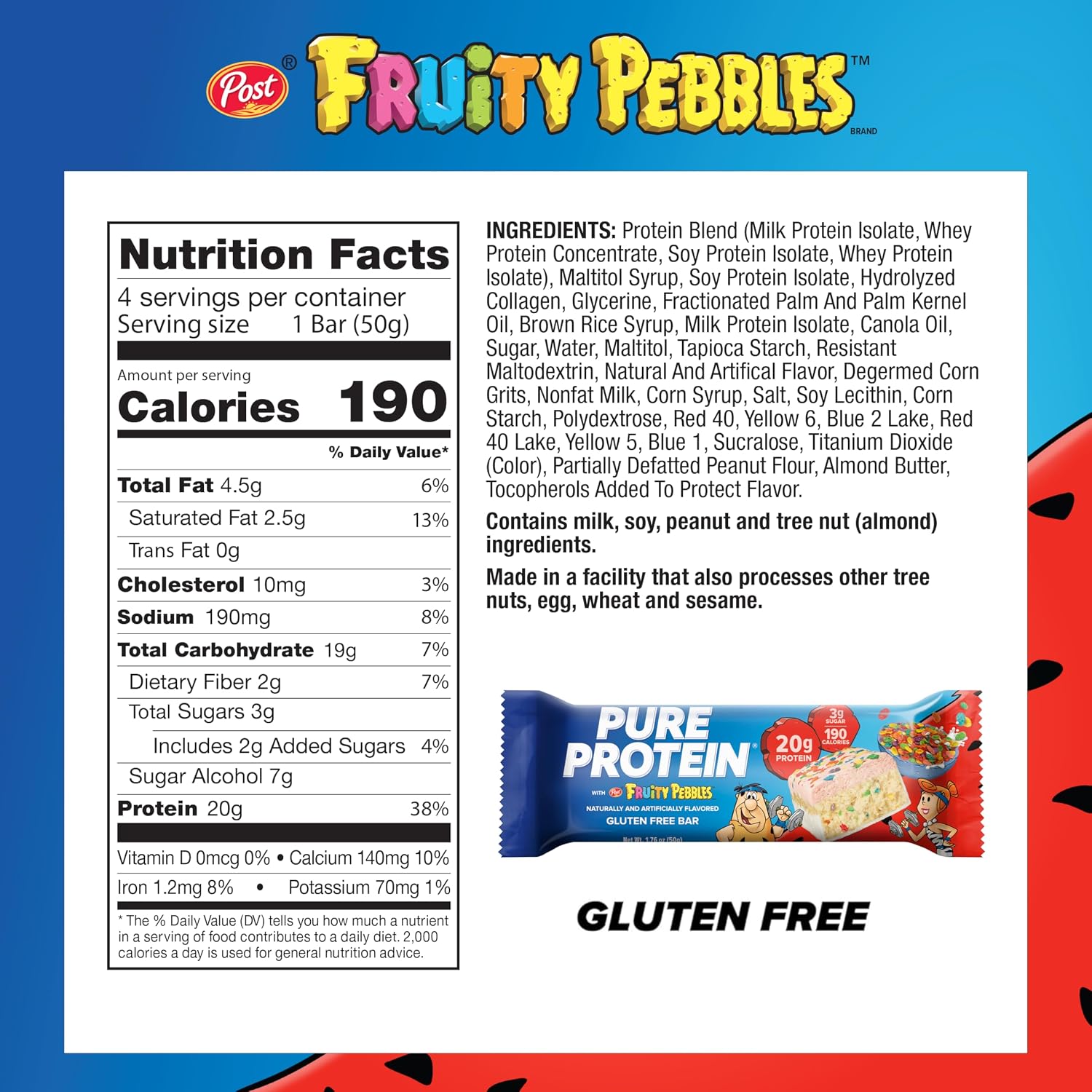 Pure Protein Fruity PEBBLES™ Protein Bars, 20g Protein, Gluten Free, 12 Ct | 3g Sugar, 190 Calories, Low Sugar* High Protein Snack
