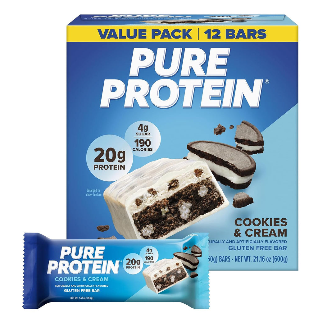 Pure Protein Cookies And Cream Protein Bars, 20g Protein, 12 Ct | 190 Calories, Low Sugar* High Protein Snack, Gluten Free
