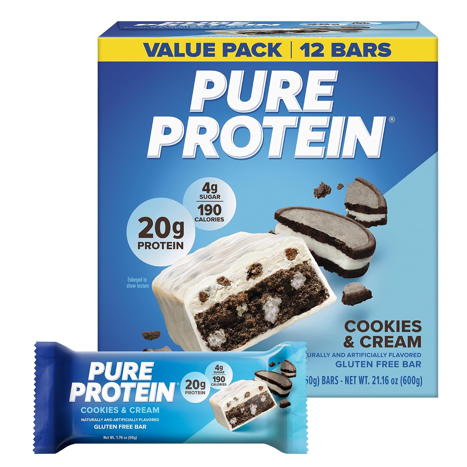 Pure Protein Cookies And Cream Protein Bars, 20g Protein, 12 Ct | 190 Calories, Low Sugar* High Protein Snack, Gluten Free